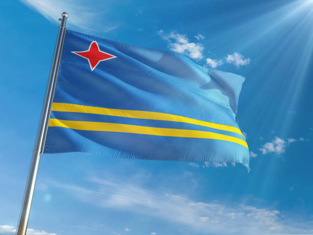 Aruba National Flag Waving on pole against sunny blue sky background. High Definition